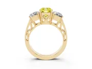 Fancy Yellow Cushion Cut Diamond Three-Stone Ring Set in Yellow gold with Textured Band