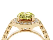 Fancy Yellow Oval Cut Diamond Milgrain Halo Solitaire Ring Set in Yellow gold with Bezel Set Side Stones and Pavé Band