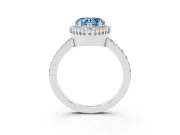 Fancy Blue Heart Cut Diamond Halo Engagement Ring Set in White gold with Milgrain Detail and Pavé Band
