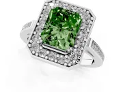 Fancy Green Radiant Cut Diamond Halo Ring Set in Silver with Accent-Lined Split Shank and Prong Setting