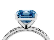 Fancy Blue Asscher Cut Diamond Solitaire Ring Set in Silver with Milgrain and Black Enamel X Pattern Band