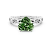 Fancy Green Heart Cut Diamond Solitaire Ring Set in White gold with Bezel-Set Accents on Beaded Band and Prong Setting