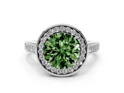 Fancy Green Round Cut Diamond Halo Solitaire Ring Set in White gold with Pavé Band and Bezel Setting