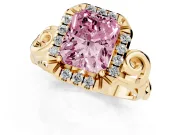 Fancy Pink Radiant Cut Diamond Halo Ring Set in Yellow gold with Scrollwork Band and Prong Setting