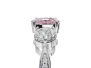 Cushion Cut Three Stone Engagement Ring Setting for a Fancy Pink Lab-Grown Diamond | Tapered Pave Band | Platinum