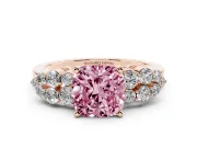 Fancy Pink Cushion Cut Diamond Cluster Engagement Ring Set in Rose gold with Pavé Band and Prong Setting