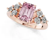 Fancy Pink Emerald Cut Diamond Solitaire Ring Set in Rose gold with Cluster Accents on Each Side