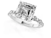 Asscher Cut Diamond Prong Set Engagement Ring Set in Platinum with Round Accent Pavé Band