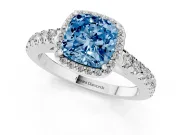 Fancy Blue Cushion Cut Diamond Halo Engagement Ring Set in White gold with Pavé Band and Prong Setting