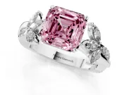 Fancy Pink Asscher Cut Diamond Floral Vine Solitaire Engagement Ring Set in Platinum with Marquise Leaves