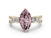 Fancy Pink Marquise Cut Diamond Three-Stone Ring Set in Yellow gold with Pavé Split Shank and Prong Setting
