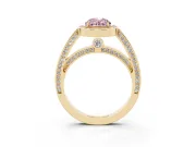 Fancy Pink Oval Cut Diamond Halo Pavé Split Shank Ring Set in Yellow gold with Prong Setting