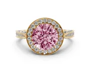 Round Milgrain Halo Engagement Ring Setting for a Fancy Pink Lab-Grown Diamond | Side Stones | Yellow Gold
