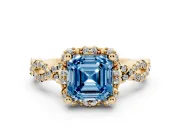 Fancy Blue Asscher Cut Diamond Halo Twist Band Solitaire Ring Set in Yellow gold with Prong-Set Center Stone