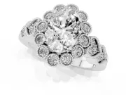 Oval Vintage Scalloped Milgrain Halo Engagement Ring Setting | Heart Pavé Band | Platinum