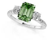 Emerald Cut Three Stone Engagement Ring Setting for a Fancy Green Lab-Grown Diamond | Pave Shoulders | Sterling Silver