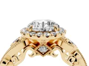 Round Cut Diamond Halo Ring Set in Yellow gold with Milgrain Pavé Band and Prong Setting