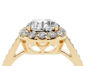 Round Cut Diamond Floral Halo Ring Set in Yellow gold with Pavé Band and Prong Setting