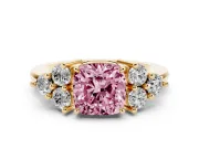 Fancy Pink Cushion Cut Diamond Solitaire Ring Set in Yellow gold with Cluster Accents on Each Side