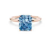 Fancy Blue Radiant Cut Diamond Solitaire Engagement Ring Set in Rose gold with Thin Band and Prong Setting
