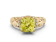 Fancy Yellow Cushion Cut Diamond Filigree Halo Engagement Ring Set in Yellow gold with Prong Setting
