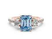 Emerald Cut Three Stone Engagement Ring Setting for a Fancy Blue Lab-Grown Diamond | Pave Shoulders | Rose Gold