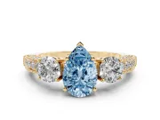 Pear-Shaped Three Stone Engagement Ring Setting for a Fancy Blue Lab-Grown Diamond | Graduated Pave Band | Yellow Gold