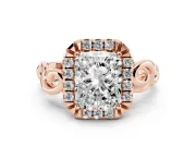 Radiant Cut Diamond Halo Ring Set in Rose gold with Scrollwork Band and Prong Setting