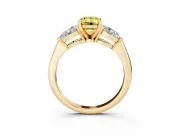 Fancy Yellow Three-Stone Emerald Cut Diamond Ring Set in Yellow gold with Pear Side Stones and Prong Setting