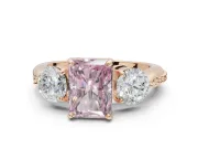 Radiant Cut Three Stone Engagement Ring Setting for a Fancy Pink Lab-Grown Diamond | Tapered Pave Band | Rose Gold
