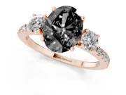 Fancy Black Oval Cut Diamond Three-Stone Ring Set in Rose gold with Pavé Band and Graduated Sides