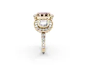 Cushion Cut Three Stone Halo Engagement Ring Setting for a Fancy Pink Lab-Grown Diamond | Bezel Set | Yellow Gold