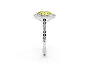 Fancy Yellow Oval Cut Diamond Milgrain Floral Halo Engagement Ring Set in White gold with Pavé Band