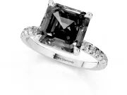 Fancy Black Asscher Cut Diamond Brilliant Solitaire Ring Set in Platinum with Pavé Band and Prong Setting