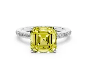 Fancy Yellow Asscher Cut Diamond Pavé Band Ring Set in White gold with Prong-Set Center Stone