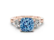 Cushion Cut Hidden Halo Three Stone Engagement Ring Setting for a Fancy Blue Lab-Grown Diamond | Rose Gold