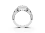 Oval Cut Diamond Halo Ring Set in Platinum with Round Accent Halo, Pavé Band and Prong Setting