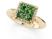 Fancy Green Princess Cut Diamond Halo Engagement Ring Set in Yellow gold with Plain Split Shank and Prong Setting
