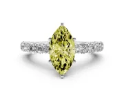 Fancy Yellow Marquise Cut Diamond Solitaire Ring Set in White gold with Shared Prong Pavé Band