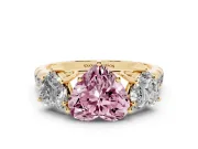 Heart-Shaped Three Stone Engagement Ring Setting for a Fancy Pink Lab-Grown Diamond | Accented Shoulders | Yellow Gold