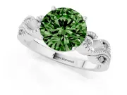 Fancy Green Round Cut Diamond Milgrain Leaf Band Solitaire Ring Set in White gold with Accent Stones and Prong Setting