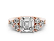 Asscher Cut Cluster Side Stone Engagement Ring Setting | Plain Band | Rose Gold
