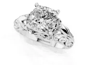 Cushion Cut Diamond Filigree Halo Engagement Ring Set in White gold with Prong Setting