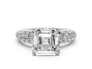 Asscher Cut Multi Row Pave Solitaire Engagement Ring Setting | Domed Shoulders | White Gold