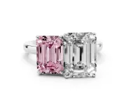 Fancy Pink Emerald Cut and Emerald Cut Toi Moi Ring Set in Silver with Prong Setting