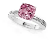 Fancy Pink Cushion Cut Diamond Solitaire Ring Set in Platinum with Channel-Set Baguette Band and Prong Setting