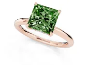 Fancy Green Princess Cut Diamond Solitaire Ring Set in Rose gold with Thin Band and Prong Setting