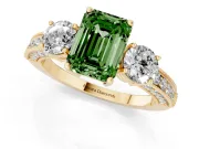 Fancy Green Emerald Cut Diamond Three-Stone Ring Set in Yellow gold with Round Side Stones and Pavé Band