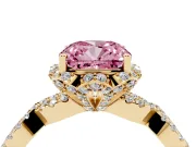Fancy Pink Cushion Cut Diamond Halo Twist Band Solitaire Ring Set in Yellow gold with Prong-Set Center Stone