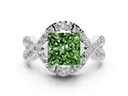 Fancy Green Princess Cut Diamond Solitaire Twist Band Pavé Engagement Ring Set in White gold